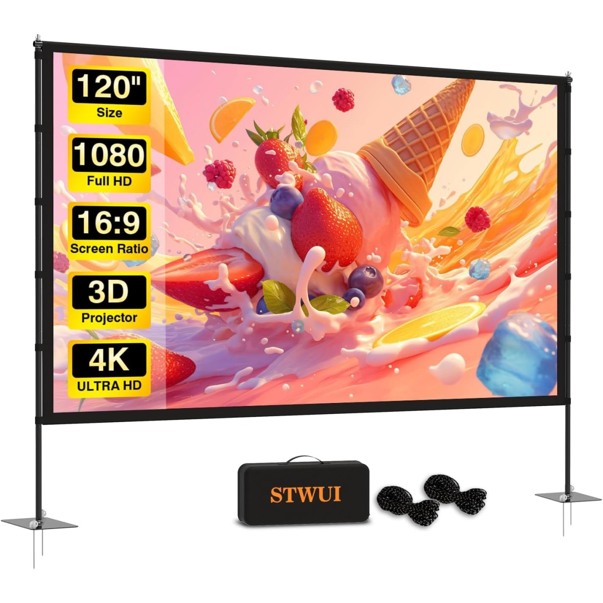 Outdoor Projector Screen with Stand 150 inch - STWUI Projector Screen for Outdoor Movies, Indoor Outdoor Projector Screens 16:9 4K HD Lightweight Movie Screen with Carry Bag for Backyard Movie Night